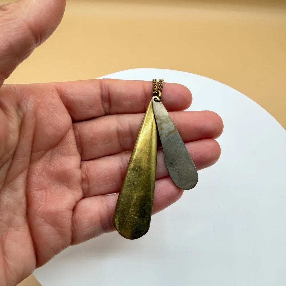 Antique Gold Tone Double Teardrop Pendant Long Chain Statement Necklace Gift